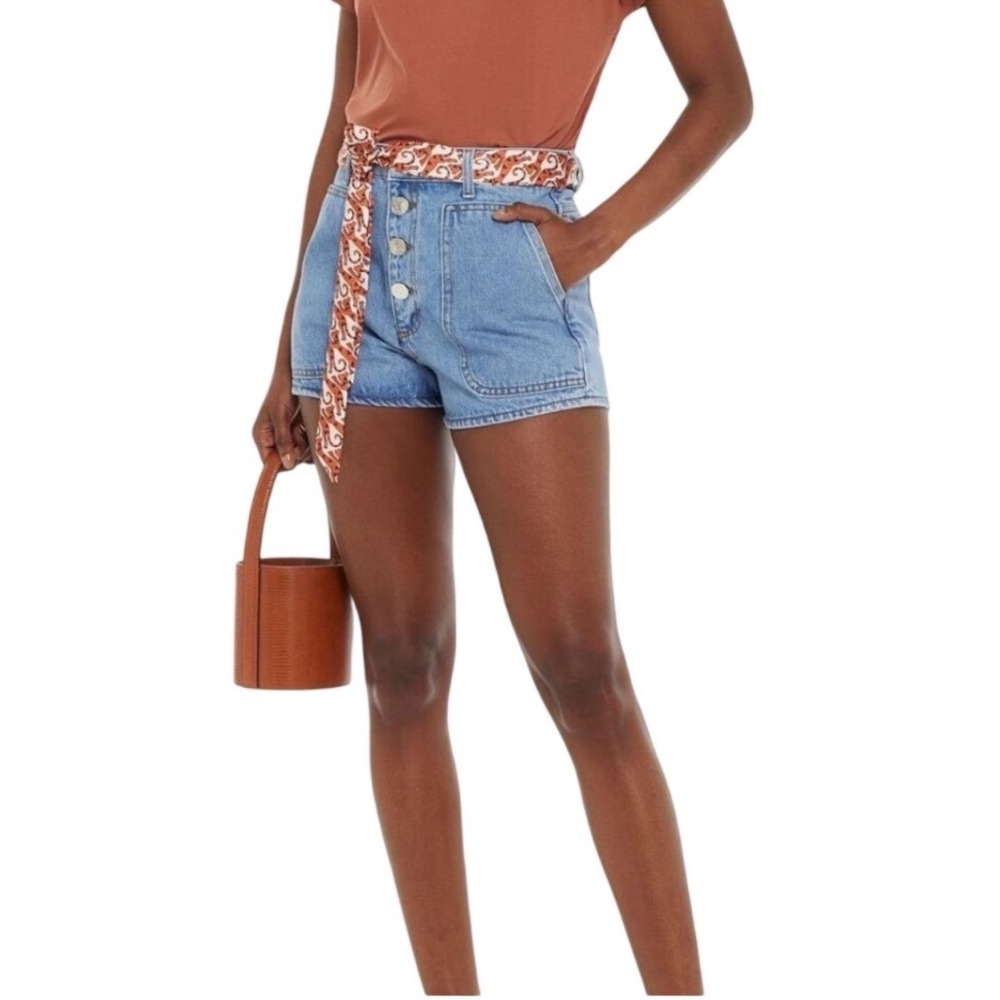 Sandro Paris Jamy Belted Denim Shorts Blue High Rise Scarf Belt FR 34 US 2